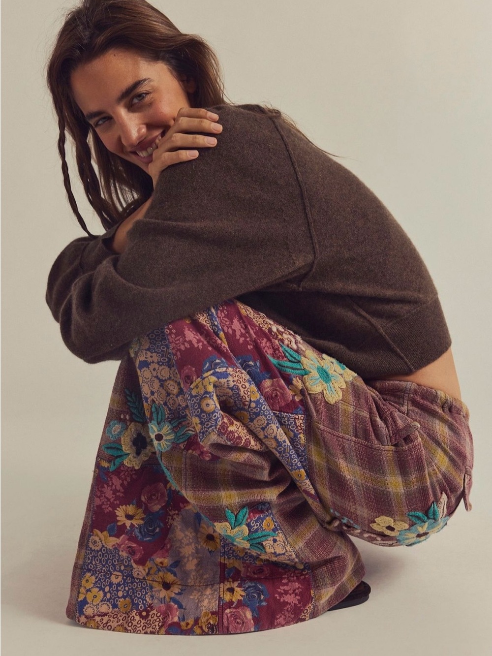 NWT Free People Brooks Embroidered Wide-Leg Patchwork Pants in Green Combo - Picture 6 of 16